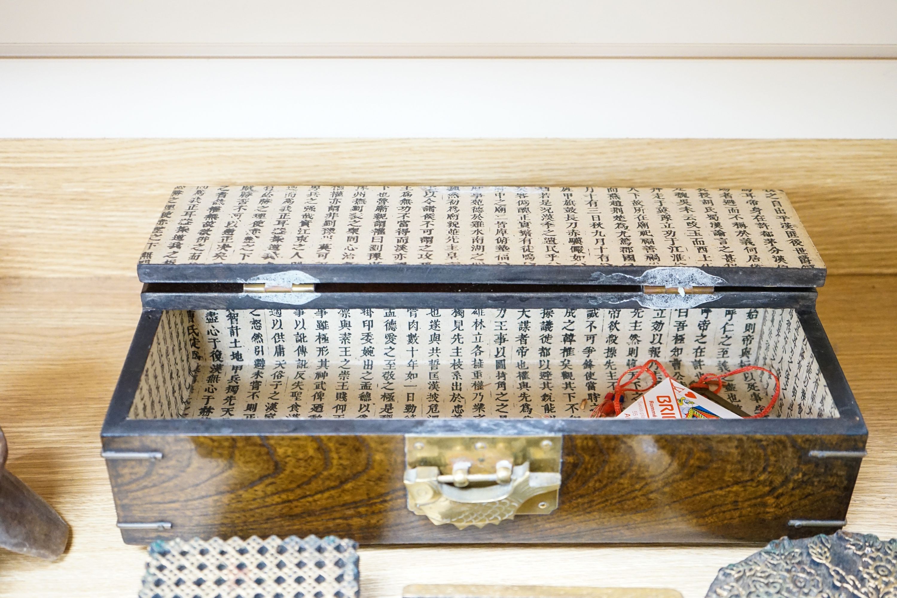 A mixed group of Indian fabric printing blocks and a Chinese wood box, 40.5cm